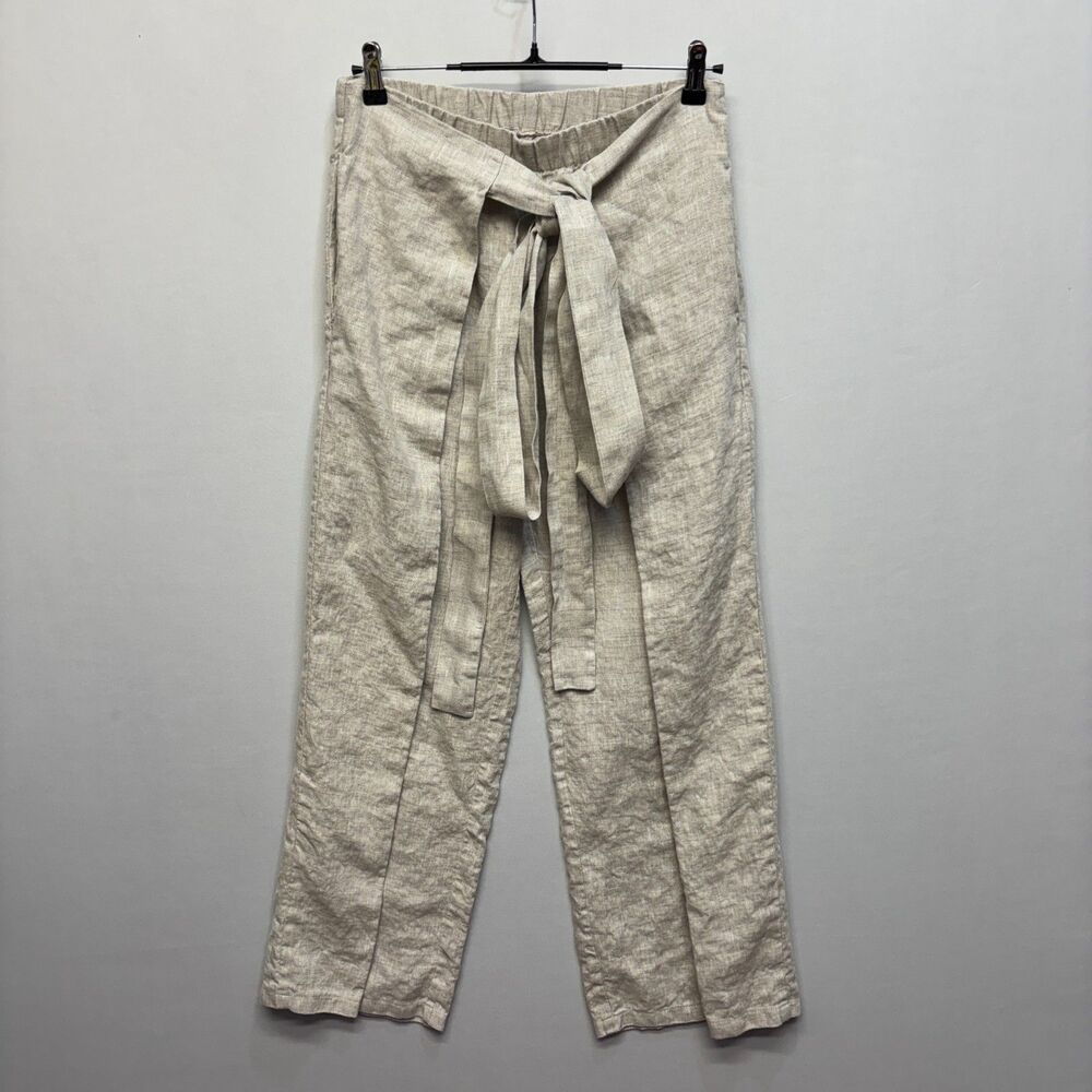 Aakasha Women 100% Linen Wide Leg Wrap Pants Size Medium Beige C116 -27